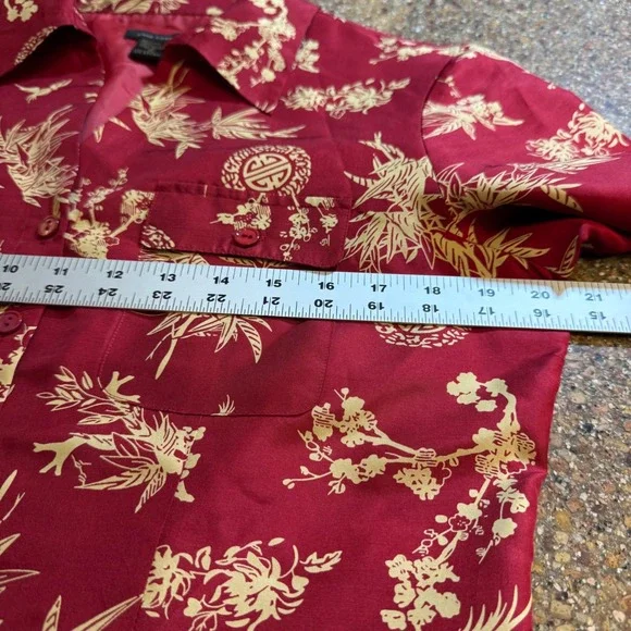 Vtg Anne Carson Silk Blouse Womens M Red Gold Asian Inspired 3/4 Sleeve Tie Cuff - Picture 5 of 7